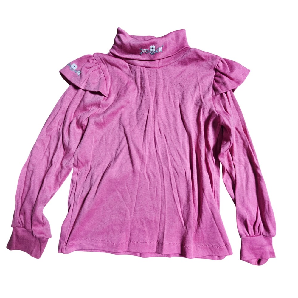 Vintage OshKosh B'gosh Girls Pink Turtleneck Floral Ruffle Top 6 Preppy USA Made
